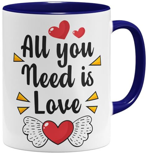 OM3® Geschenk Tasse mit Spruch - all you need is love - Valentinstag Partner Freund & Freundin - Valentinstagsgeschenk | Keramik Becher | 11oz 325ml | Beidseitig Bedruckt | Dunkelblau