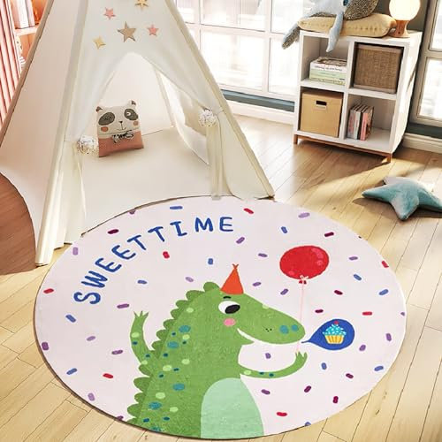Menkala Teppich Kinderzimmer Rund 120cm Dino Grün Kinderteppich Spielteppich Junge Mädchen Kinder Modern rutschfest Waschbarer Flauschig Kurzflor Carpet für Wohnzimmer Schlafzimmer Balkon Home