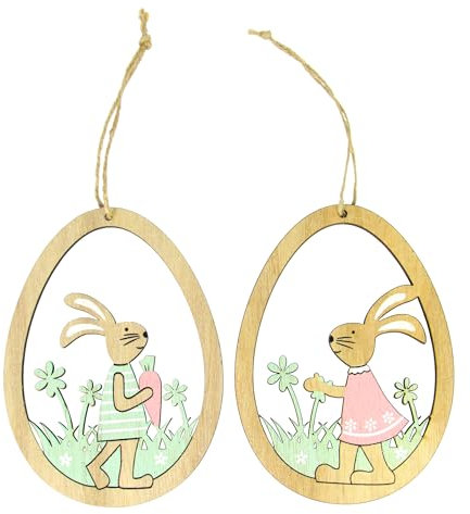 Lentz 2-teiliges Set Dekofiguren Osterhasenpärchen – Moderne Osterdekoration – aus Holz – Verschiedene Motive (1 Set, Hasen im Osterei)