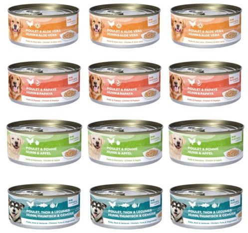 Bubi Nature Komplettes Nassfutter für Hunde, 12 x 150 g, sortiert (3 x Huhn und Aloe 3 x Hühnchen und Papaya, 3 x Huhn und Apfel, 3 x Huhn, Thunfisch und Gemüse)