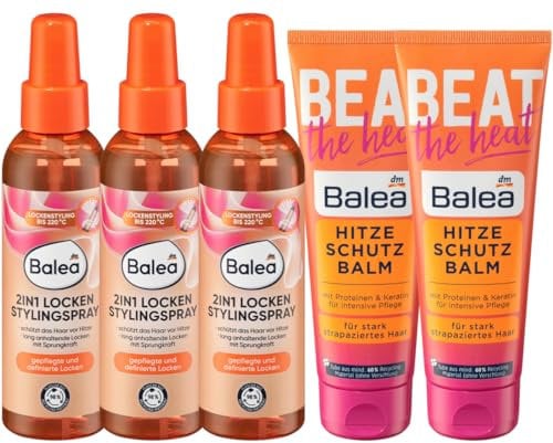 Balea 5er-Set Haarpflege: Hitzeschutzspray LOCKEN STYLINGSPRAY Lockenhalt & Hitzeschutz (3 x 150 ml) + Hitzeschutzbalm BEAT THE HEAT intensive Pflege für stark strapaziertes Haar (2 x 125 ml), 600 ml