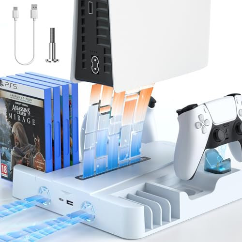 Juseisin Soporte de estación de refrigeración para consola de juegos PS5 para edición Pro, Slim, Digital y Disc – Carga de controlador dual, ventilador de varias velocidades, disipación de calor