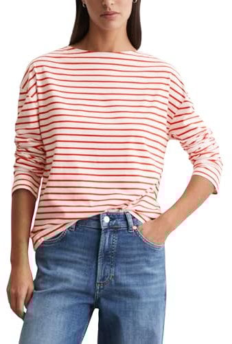 Marc O'Polo Denim Damen Langarmshirt mit U-Boot-Ausschnitt gestreift, Rot (Light Red Multi 01), XS