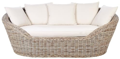 Beliani Sonneninseln für den Garten aus Rattan-Geflecht mit 6 hellbeigen Kissen Boho Outdoor Natürlich Cavo
