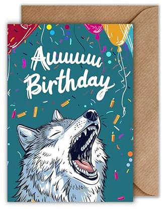 WBdesignz Geburtstag Karte mit Umschlag - Lustige Geburtstagskarte “Auuu Birthday Heulender Wolf Happy Birthday Glückwunschkarte Witzig (DIN A6)