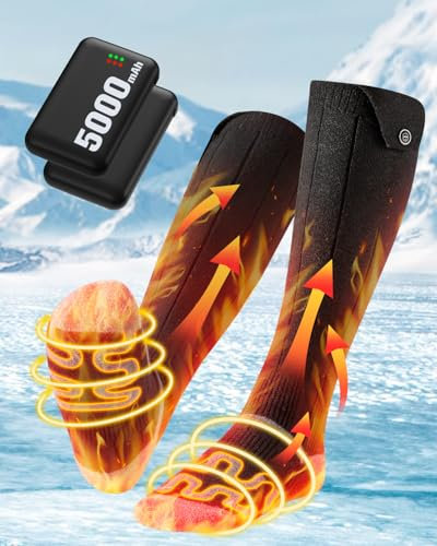 Beheizbare Socken, 5000mAh*2 Heated Heizsocken mit 3 Temperaturen, 360° Große Heizfläche Beheizte Socken Herren Damen mit Akku, Waschbare Wärmesocken mit USB für Skifahren, Radfahren, Camping, M