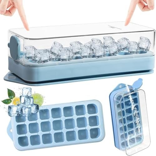Plastic Ice Cube Tray with Lid and Bin, 21-Piece Large Silicone Ice Tray - Easy Release, Quick Filling, No Touch Required