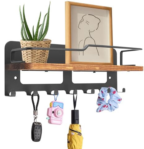 MaxAwe Schlüssel Aufbewahrung Schlüsselhalter, Holz Schwarz Schlüsselbrett mit 7 Haken Schlüsselhaken Wandorganizer Ablage die Wand, Rustic Wandmontage Wandregal Schlüsselaufhänger für Büro Flur