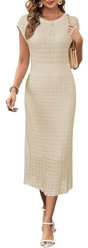 Newshows Summer Dresses for Women UK Hollow Knit Casual Work Business Elegant Ladies Midi Dress Apricot,M