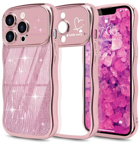 Wirvyuer for iPhone 13 Pro Max Curly Wave Frame Case, Plated Heart Clear Cover with Removable Glitter Sparkly Card, Raised Camera Anti-scratch Protective Bumper Phone Case for Women Girls, Rose Gold