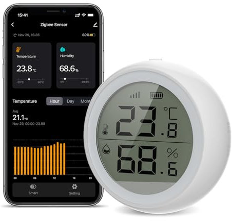 SMARTERCURRY ZigBee Thermometer Hygrometer, LCD Digital Temperatur luftfeuchtigkeitsmesser mit Benachrichtigungs Alarm, Temperatur- und Feuchtigkeitssensor, Präzise Thermo-Hygrometer mit APP