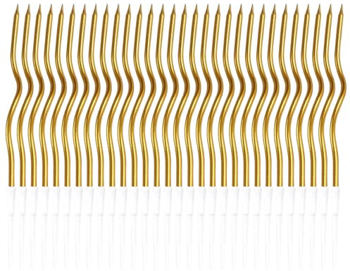 HDGSAFD 30 Stück Goldene Kurvenkerzen, Gebogene Kerzen, Kuchendekorationseinsätze, Kuchenkerzen, Kuchenzubehör