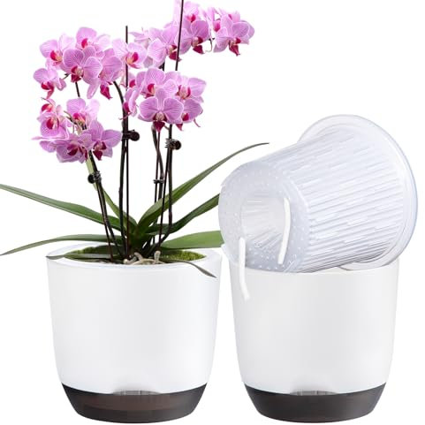 QCQHDU 2Pack orchid pots,7.2In large self watering orchid plant pots indoor, Clear Plastic Pots with Holes and Detachable Water Reservoir(white)
