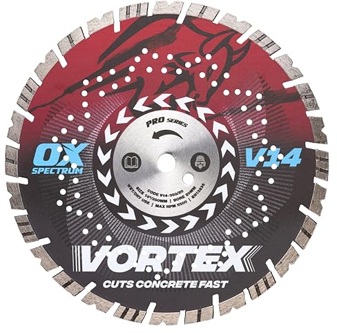 OX Pro V14 - Hoja de diamante para hormigón, 350 mm/22,23 mm, diente turbo en V para corte rápido y larga vida, corta bordillos y losas, pavimentos de hormigón, tejas, ladrillos, materiales de
