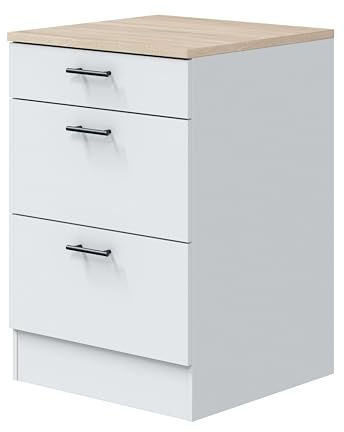 Miroytengo Módulo Inferior Cocina Kira 3 Cajones Estilo Moderno Blanco Brillo y Roble Canadian 60x90x60 cm