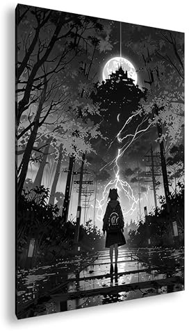 deyoli Misteriosa notte piena di lampi e alberi di ciliegio luminosi, formato: 75 x 50 cm, effetto: bianco e nero, XXL, stampa artistica su cornice di legno/tela/parete o decorazione soggiorno