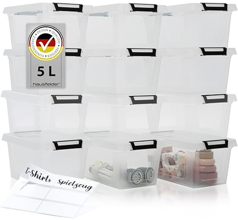 Hausfelder Aufbewahrungsboxen 12er Set, 5 l, mit Deckel, transparent | Kunststoffboxen mit Deckel für Küche, Keller und Garage, stapelbar, transparent, BPA-frei