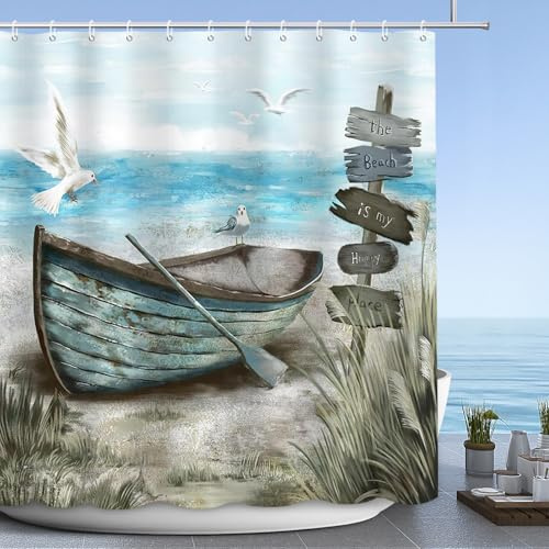 APROPHIC Ozean Duschvorhang Möwe Strand Duschvorhänge Vintage Boot Duschvorhang Badewanne Badezimmer Vorhang Wasserdicht und Maschinenwaschbar mit 12 Haken，180x180 cm