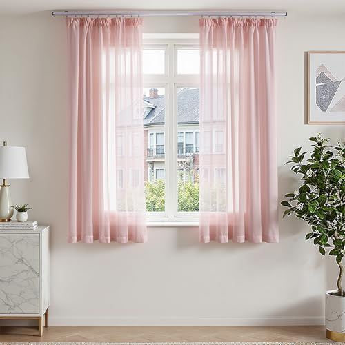 TOPICK Gardinen mit Kräuselband Gardinenschals Vorhänge Wohnzimmer Schlafzimmer, H145xB140 cm Übergardinen Gardine Landhausstil lichtdurchlässige Schlaufengardinen Schlaufenschal 2er Set Rosa