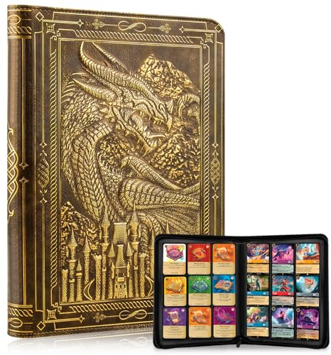 SogYupk 9 Pocket Trading Card Binder 360 Seitentaschen-Alben mit Reißverschluss 3D PU Leder geprägter Drache Kartenbücher Sammelkartenspiel-Album für MTG,TCG,Pokmon, Lorcana (Bronziert)