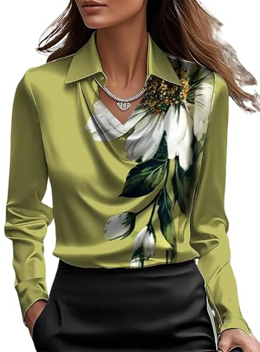 LLECDASEUI Chemisier en Satin élégant à col bénitier pour Femmes, Chemise de Travail de Bureau à Manches Longues, Haut en Soie