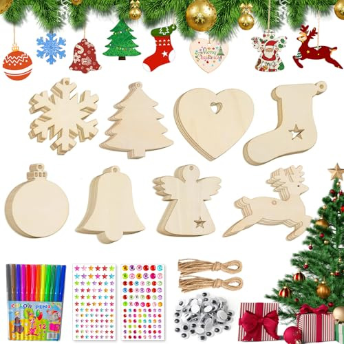 80 Stück Holzanhänger zum Bemalen Weihnachten, DIY Holzanhänger, W-eihnachten mit Aufkleber, Holz Basteln Weihnachten Kinder, Weihnachtsbastelset Holz Anhänger für Weihnachtsbaum Deko (80pcs)