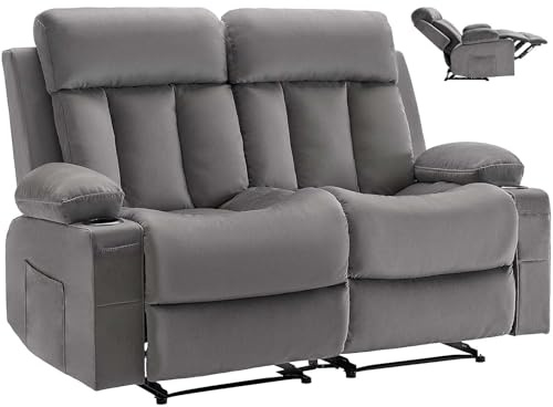 VEVOR Loveseat relaxfåtölj, elektrisk liggsoffa med värmefunktion och massage, massagefåtölj av sammet med USB-portar och mugghållare och sidofickor, TV-fåtölj för vardagsrum, grå