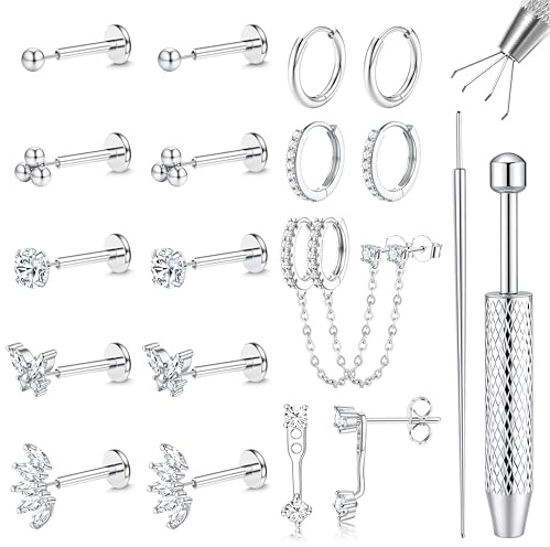 Chriscoco 16G/18G/20G Helix Piercings Chirurgenstahl Creolen Ohrringe Set für Damen 14K Vergoldet Medizinische Ohrstecker Silber Nasenpiercing Labret Conch Tragus Piercing Set Piercing Ohr-C-16G-S