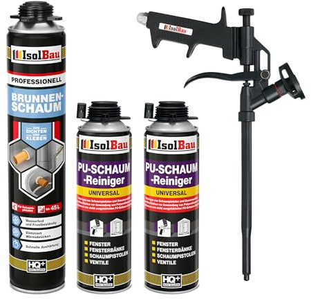Isolbau - Brunnenschaum 1K Bauschaum Wasserdicht Aussen und Innen - Montageschaum 750 ml, 2 x PU-Schaum-Reiniger & 1 x Schaumpistole - PU-Schaum - Pistolenschaum Dämmschaum Isolierschaum