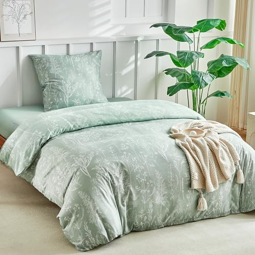 Tokokimo Bettwäsche 155x220 2teilig + 1 Kissen 80x80, Blumen Salbei Grün | 1 Bettbezug 155x220, 1 Kissenbezüge 80x80 mit Reißverschluss, Extra Weich & Atmungsaktiv, Mikrofaser Maschinenwaschbar