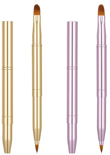 2 Pack Retractable Lip Brush for Lipstick, Dual-Ended Portable Lip Makeup Brush with Cap for Gloss & Eyeshadow, Travel-Friendly Set (Gold,Pink)