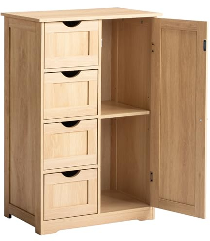 Bonnlo Bathroom Floor Storage Cabinet Cupboard, Bathroom Storage Unit with 4 Drawers & 1 Door - Adjustable Shelf, Bathroom Cabinet Freestanding for Living Room Kitchen Hallway, 56x30x80cm, Natrual Oak