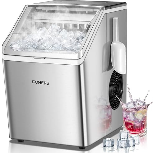 FOHERE Eiswürfelmaschine Edelstahl, 24kg/24h, 24 Eiswürfel in 10 Min, 3.2L Dual-Wasserzufuhr, 40 dB Flüsterleise, Timer & Selbstreinigung & Abtaufunktion, für Hausbar & Partys