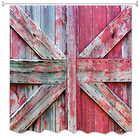 A.Monamour Rideaux de Douche Union Jack Drapeau Design Usé Bois Grange Porte Bois Planches Rouge Peinture Impression 100% Polyester Tissu Non Peva Hydrofuge Rideau Ensemble avec Crochets 180x200 cm