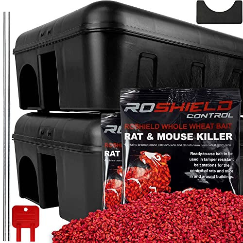 ROSHIELD 2 x Rat Killer Control Kit with Wheat Grain Poison Bait - Includes External Lockable Tamper-Resistant Box | Ready to Use, Child & Pet Safe
