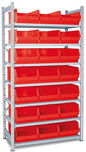 Steckregal, verzinkt, mit 7 Böden, Tiefe 515 mm, bestückt mit 21 Sichtboxen LB 2/21 Liter, rot