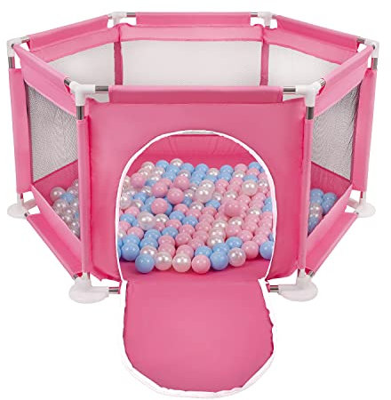 Selonis Sechseckiger Laufstall Mit 100 Bälle Laufgitter Für Kinder, Rosa:Babyblau/Puderrosa/Perle