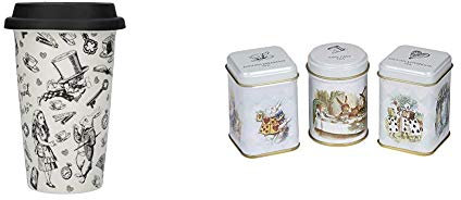 Victoria & Albert V&A 'Alice in Wonderland' Ceramic Travel Mug – Black and White & New English Teas Alice in Wonderland Mini Tea Tins Gift with Loose-Leaf Black Tea