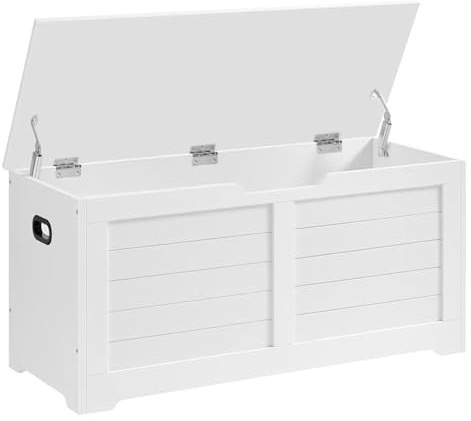 VASAGLE Storage Chest, Storage Bench with 2 Safety Hinges, Farmhouse Style, 15.7 x 39.4 x 18.3 Inches, for Entryway, Bedroom, Living Room, Cloud White ULSB061T10