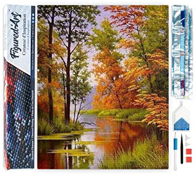 Figured’Art Diamond Painting Broderie Diamant 40x50cm Toile Entière Roulée avec Strass Perles Carrés - Lac en Automne - Kit Complet Paysage 5D DIY Activité Manuelle Loisirs Créatifs Adultes