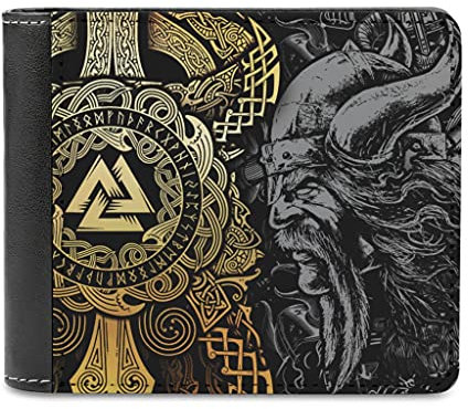 Herren Geldbörse aus Leder Portemonnaie Wikinger Krieger Valknut Odin Mode Geldbeutel Brieftasche Kreditkarten Halter Wallet für Männer White One Size