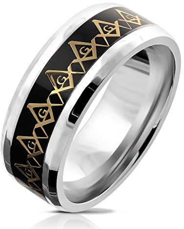 Paula & Fritz® Ring Herren Freimaurer-Kompass 316L Chirurgenstahl Größe 70 (22,3) 8-mm Breit Silber Gold Schwarz Damenring Partnerring Ehering Bandring