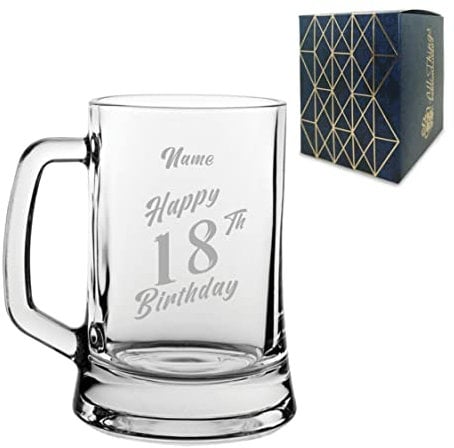 Personalised Engraved Tankard Beer Mug Stein Happy 18th Birthday Slanted Design Gift Boxed, 16.75oz/495ml Classic Beer Glass, Any Name, Engraved in The UK