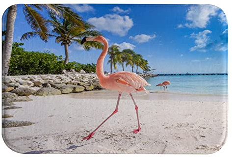 A.Monamour rutschfest Saugfähig Badematte Flamingo Am Sandstrand Insel Aruba Tropischen Palmen Ozean Weich Flanell Badezimmerteppich Badteppich Badvorleger Badewanne Dusche Duschvorleger 40x60cm