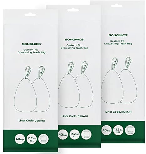 SONGMICS Heavy-Duty Bin Bags, Drawstring Rubbish Bags for 13-Gallon (50L) Kitchen Bins, Pre-Separated, Liner Code 050A01, 3 Rolls, 120 Pieces, White KRB050A03