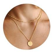 LADYGD Birth Flower Necklace 18K Gold Plated Layered Necklaces for Women Disc Cuban Birthday Jewelry Gifts for Women Girls 12 Month, Gold Plated, No Gemstone