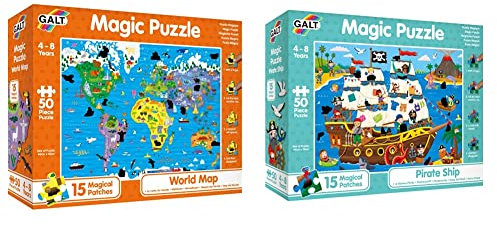 Galt, Magic Puzzle - World Map, Magic Puzzle, 50 piece Puzzle, Ages 4 to 8 Years Plus + Galt Toys, Magic Puzzle - Pirate Ship, Magic Jigsaw Puzzle, Ages 4 Years Plus