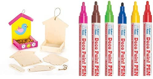 Baker Ross Bastelsets für Futterhäuschen aus Holz (3 Stück) und Deko-Lackstifte (Packung B) 6 Stück