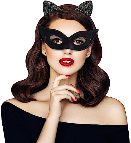 EQLEF Catwoman maske und katzenohren haarreif Set, Schwarze Katzenaugenmaske mit elastischer Schnur Maskerade Masken für Frauen Mädchen Catwoman Maske für Katze Thema Party Cosplay Kostüm
