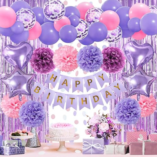 ZERODECO Lila Geburtstagsdeko, Happy Birthday Girlande Violett Rosa Pompons Vorhang Luftballons Geburtstagsdeko Mädchen Geburtstagsdeko Frauen Damen Kindergeburtstag Deko Geburtstag Party Zubehör